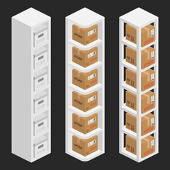 storage shelf bookcase with parcel boxes isometric vector flat illustration