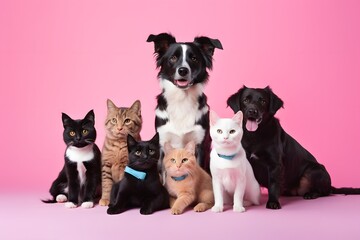 Group of pets dog and cat posing on pastel background.