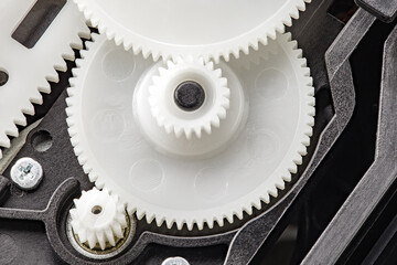 Plastic gears, gear drive mechanism, close-up, full depth of field