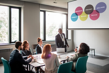 Diverse group of business people watching a presentation while having a meeting in the conference room