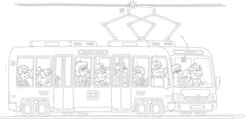 Tramway with a smiling driver and a noisy company of funny passengers with their things riding along a city street, black and white outline vector cartoon illustration for a coloring book