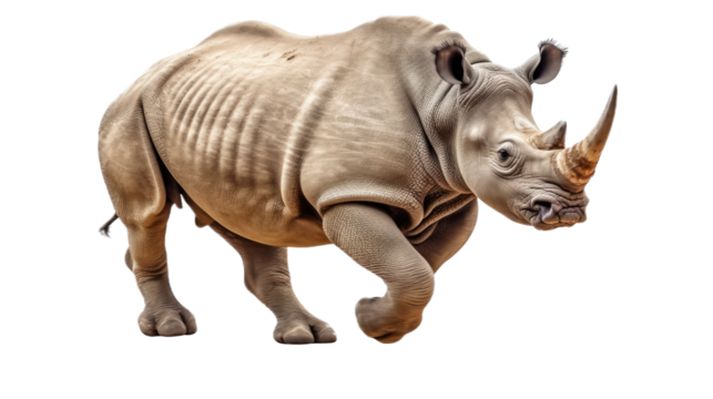 a Rhinoceros running in different positions in a Nature-themed, photorealistic illustration in a transparent PNG, and isolated. Generative ai