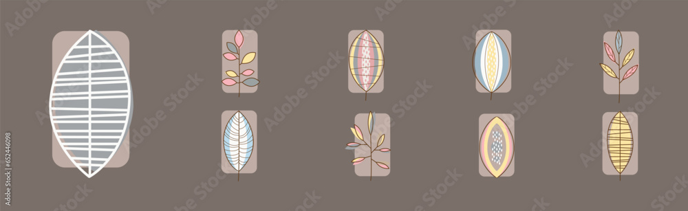 Poster leaf line icon with color on stem vector set