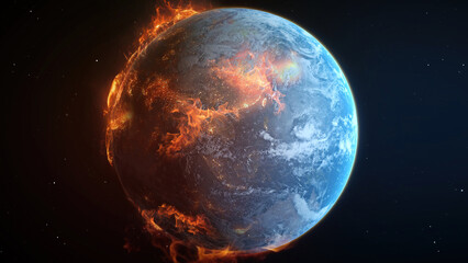 View of the Earth on fire from space, flames wrap around the blue planet, searing heat engulfs the world