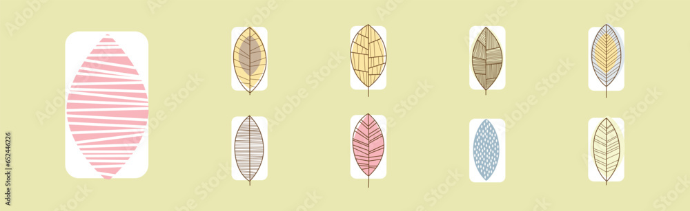 Poster leaf line icon with color on stem vector set