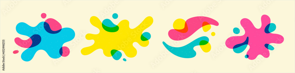 Poster liquid layered shapes set with risograph print effect. uneven, fluid, wavy edge transparent objects,