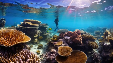 vibrant underwater world as a snorkeler dives alongside breathtaking brain coral. Dive into the beauty of the ocean's coral reef ecosystem