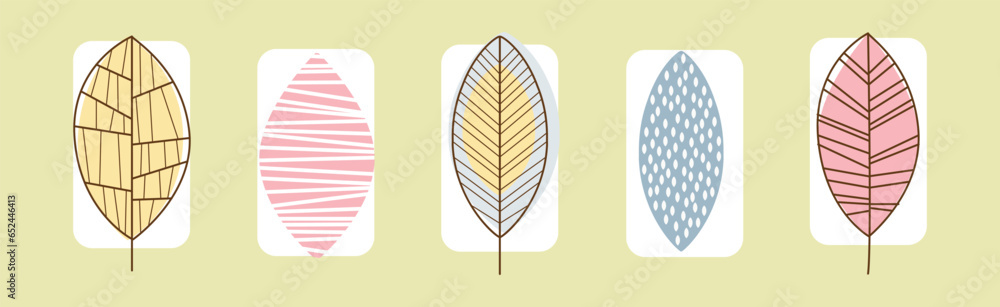 Poster leaf line icon with color on stem vector set