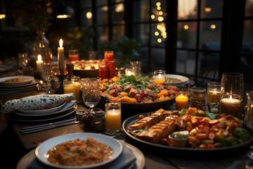 Warm and cozy living room scene with a table filled with delicious dishes for a Thanksgiving feast. Generative Ai. Generative AI.