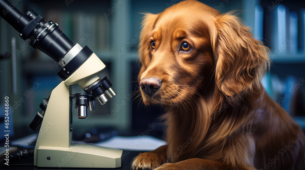 Poster serious dog scientist in a lab with a microscope