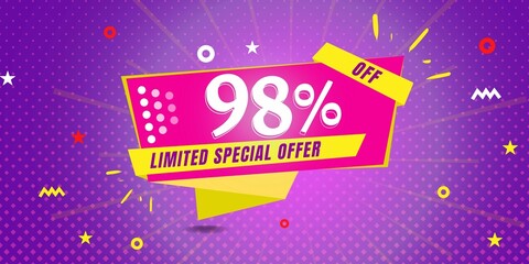 98% off limited special offer. Banner with ninety eight percent discount on a  purple background with yellow square and pink