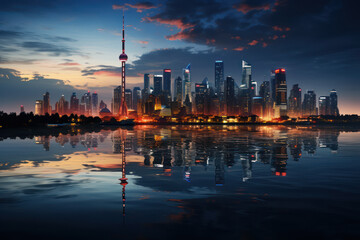 Naklejka premium Amid futuristic skyscrapers, UAPs seamlessly navigate the city skyline, blending in. Generative AI.