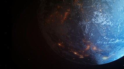 The Earth illuminated by fire and flames bursting through the surface, viewed from space, global...