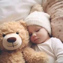 Newborn baby lies with a teddy bear