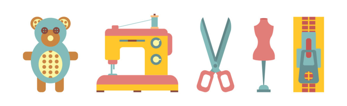 Sewing Tools And Object Flat Icon Vector Set