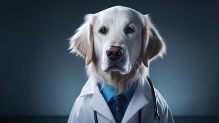 Serious dog in a white coat as a doctor