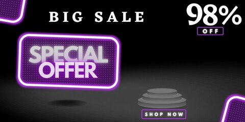 98% off limited special offer. Banner with ninety eight percent discount on a black background with purple square