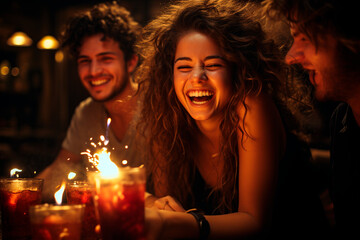 Obraz na płótnie Canvas concept of happy friends with celebration sparklers