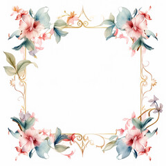 Square frame on a white background with a floral design drawn in watercolor in soft pastel colors