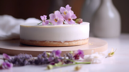 A white cake adorned with beautiful purple flowers