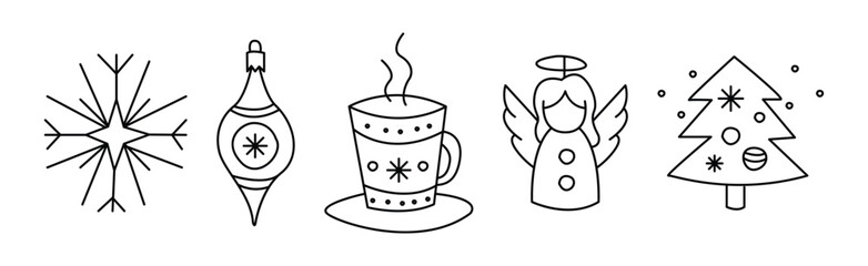 Christmas Doodle Symbol and Objects with Bauble, Snowflake, Angel, Fir Tree and Hot Drink Mug Vector Set