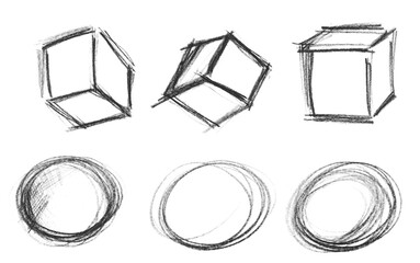 Cube and circle icon, hand draw symbol, watercolor pencil isolated on white