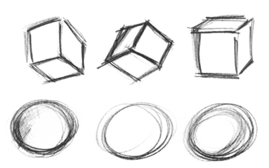 Cube and circle icon, hand draw symbol, watercolor pencil isolated on white