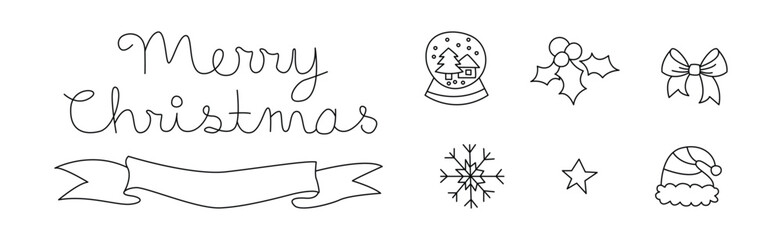 Christmas Doodle Symbol and Objects with Holly Berry, Bow, Snowflake and Santa Hat Vector Set