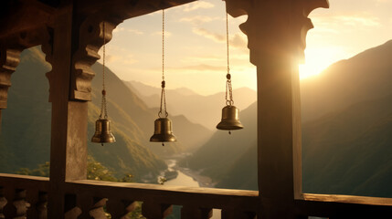 Three bells hanging from a balcony with mountains in the background