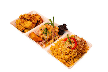 Trio marino, ceviche, arroz con mariscos y chicharrón