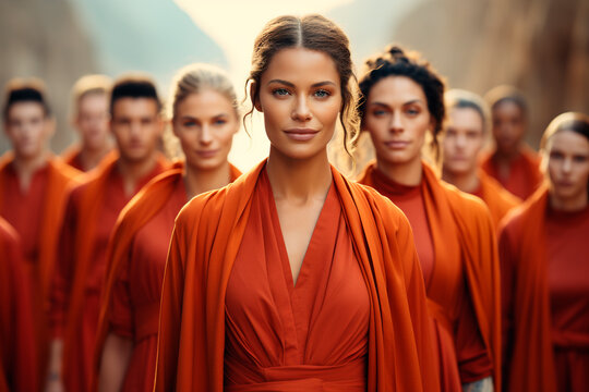 People parading in orange outfits