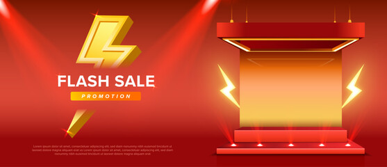 Shopping poster flash sale banner with yellow thunder sign Special campaign or promotion. Template design for social media with blank product podium scene. On red background vector
