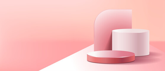 Pink podium background minimal scene with geometric platform. vector 3d rendering with podium. stand to show cosmetic products. Stage showcase on pedestal modern 3d studio pink pastel
