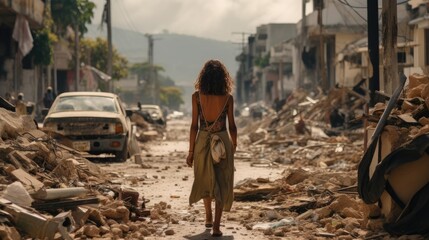 A woman walks through the ruins of the city - obrazy, fototapety, plakaty