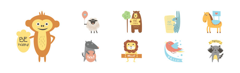 Funny Animal with Lovely Text Banner Greeting Vector Set
