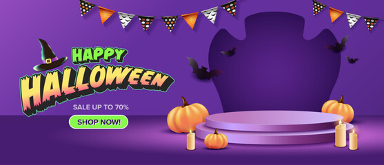 Happy Halloween Banner Promotion Poster template of 3D illustration with pumpkin on treat or trick fantasy fun party celebration purple background design.