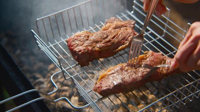 Close-up of juicy pieces of meat on grill and coals. Stock footage. Juicy grilled meat on grill in nature on sunny summer day. Two pieces of grilled meat with barbecue