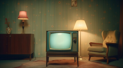 An antique television and vintage lamp in a cozy living room - obrazy, fototapety, plakaty