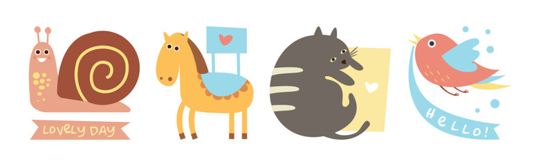 Funny Animal with Lovely Text Banner Greeting Vector Set