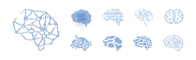 Human Brain Blue Icon and Drawn Symbol Vector Set