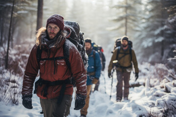 Group of friends embarking on a winter hiking expedition