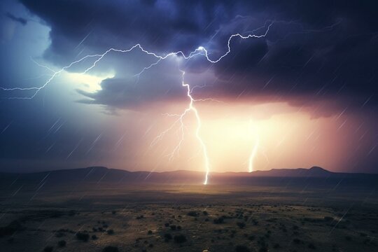 An artistic rendering of a lively thunderstorm, with electrifying lightning streaking across the atmosphere. Generative AI