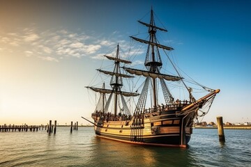 Historic tall ship with wooden hull, representing sailing heritage. Generative AI