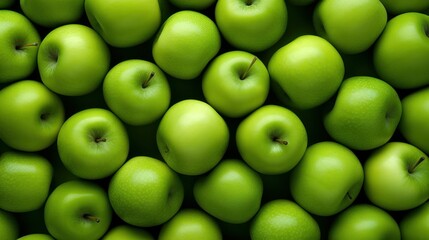 An overhead perspective captures a vibrant green apple, showcasing its freshness as part of a collection of healthy organic produce. This image is one of a set featuring a variety of raw fruits