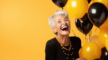 Joyful girl celebrates birthday or start of Black Friday sale