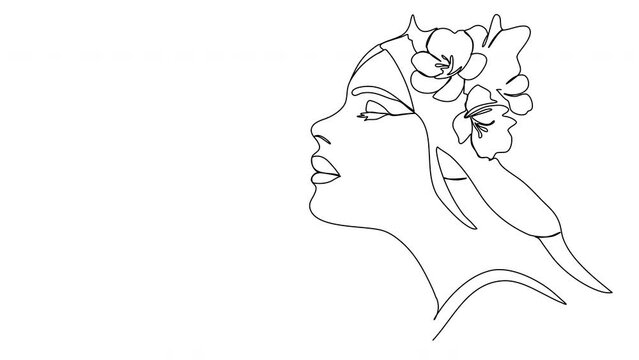Girl portrait with flower hairstyle. Animated one line drawing video.