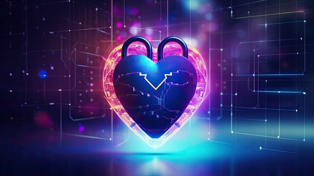 a digital lock, heart shape cyber data security in a horizontal format in a Tech Security-themed image as a JPG. generative ai