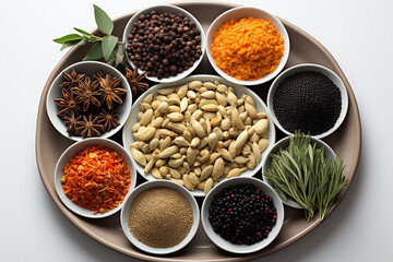 spices and herbs on a plate top view close-up