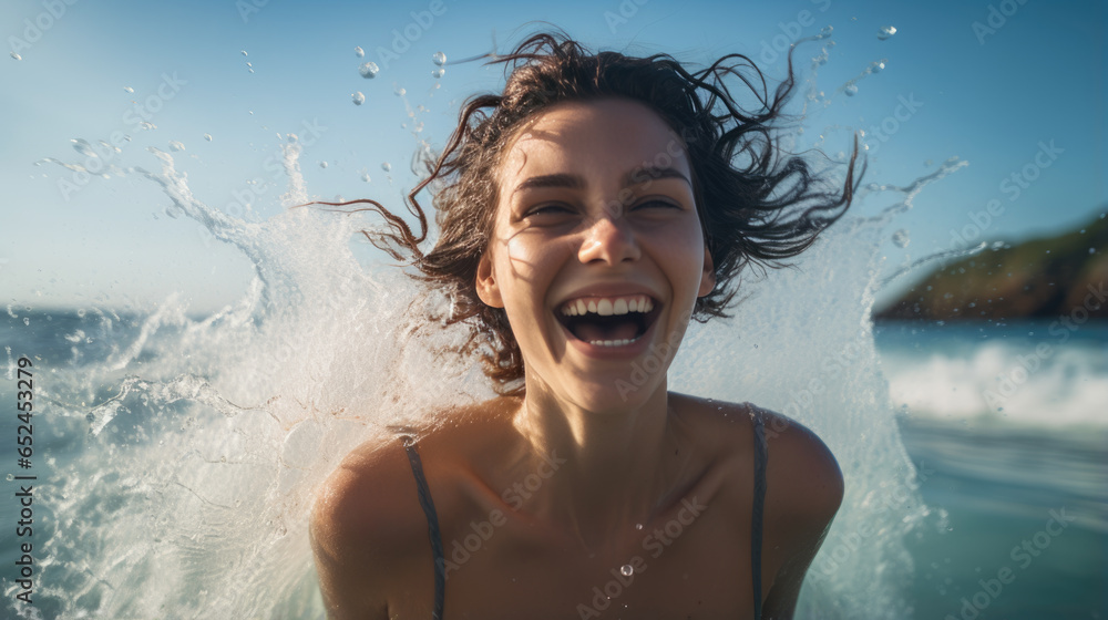 Sticker Happy woman enjoys a seaside vacation splashing water on the beach