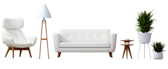 Collection of white modern furniture set on transparent background